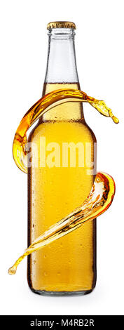 cold beer in glass bottle with drops, isolated on white background. Beer with condensation. Splash of beer Stock Photo