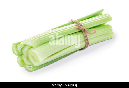 celery sticks, isolated on white background. Clipping path. Bunch of fresh celery stalks tied of twine Stock Photo