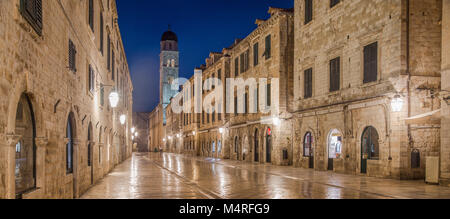 Classic panoramic view of famous Stradun, the main street of the old town of Dubrovnik, in beautiful morning twilight before sunrise at dawn, Dalmatia