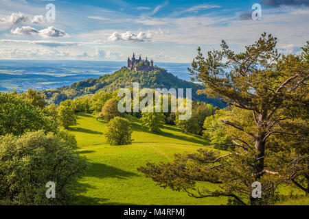 Aerial view of famous Hohenzollern Castle, ancestral seat of the imperial House of Hohenzollern and one of Europe's most visited castles, Germany Stock Photo