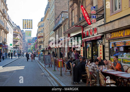 Typical street cafe at old town, Rue du Maire Kuss, Strasbourg, Alsace, Bas-Rhin, France, Europe Stock Photo