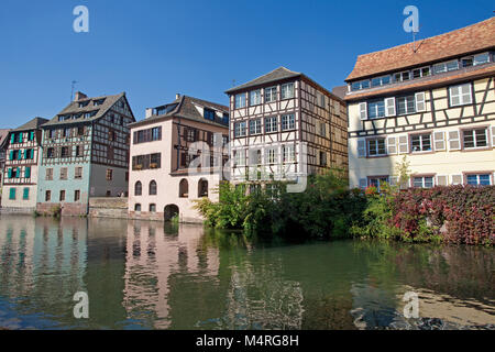 Idyllic half-timbered houses at Ill river, La Petite France (Little France), Strasbourg, Alsace, Bas-Rhin, France, Europe Stock Photo