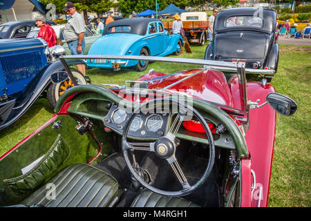 cockpit of a vintage MG sports car from the T series at Heritage Day, Central Coast Historic Car Club, Memorial Park, The Entrance, Central Coast, New Stock Photo