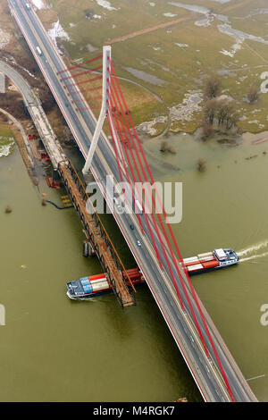 Aerial view, Wesel, Rhine, new and old bridge over the Rhine between Büderich and Wesel, Lower Rhine, North Rhine-Westphalia, Germany, Europe, Lower R Stock Photo