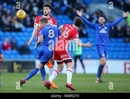 Cardiff City's Joe Ralls wins a header during the Sky Bet Championship match at The Cardiff City Stadium. PRESS ASSOCIATION Photo. Picture date: Saturday February 17, 2018. See PA story SOCCER Cardiff. Photo credit should read: Mark Kerton/PA Wire. RESTRICTIONS: EDITORIAL USE ONLY No use with unauthorised audio, video, data, fixture lists, club/league logos or 'live' services. Online in-match use limited to 75 images, no video emulation. No use in betting, games or single club/league/player publications. Stock Photo