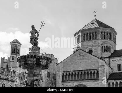 Trento city: main square Piazza Duomo, with clock tower and the Late Baroque Fountain of Neptune. City in Trentino Alto Adige, northern Italy, Europe. Stock Photo