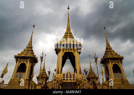 Thail Royal Crematorium for royal funeral of His Majesty King Bhumibol Adulyadej. With dark cloudy sky in background. Nation in grieve for lost of the Stock Photo