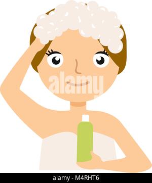 Pretty woman soaping her head on white background. Stock Vector