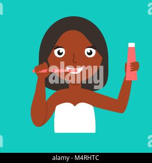Young african-american woman brushing teeth. Smiling woman cleaning teeth. Cheerful woman taking care of her teeth. Happy girl with toothbrush in hand. Vector flat design illustration Stock Vector