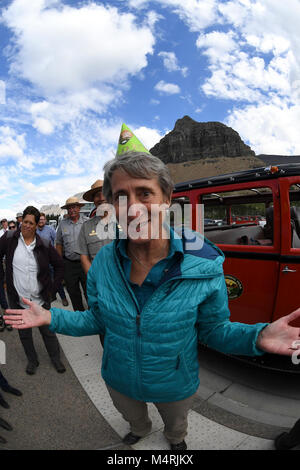 Secretary Jewell visits Glacier National Park. Meets Rangers and gets involved with activities. Stock Photo