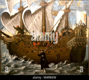 Carrack Santa Cruz. Painting depicting a miracle made by St. Francis Xavier, sailing from Macau to Japan. Anonymous, 17th century. Stock Photo
