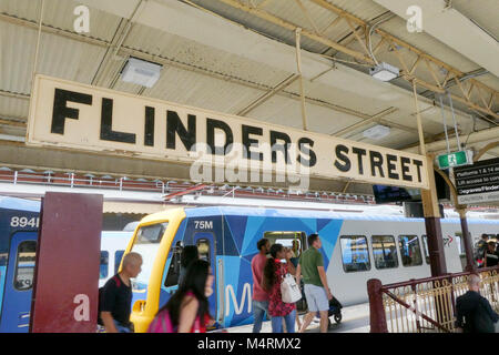 Melbourne, Australia: March 14, 2017: People walk past at Flinders Street station - the central transportation hub in Melbourne central. Stock Photo