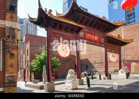 Melbourne, Australia: March 14, 2017: The Gate of Chinatown in Melbourne with decorative symbols and writing. Stock Photo