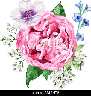 Square composition of flowers roses, hydrangea, apple tree flowers and leaves in watercolor style isolated on white background. Editable elements. Stock Vector