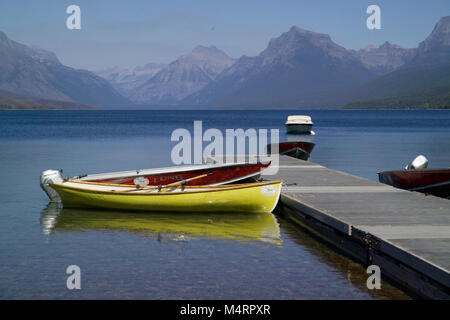Boats tied up on Lake McDonald. Stock Photo