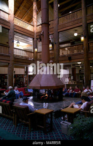 Interior lobby at the Many Glacier Hotel in Glacier National Park ...