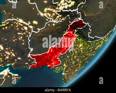 Pakistan as seen from Earth’s orbit on planet Earth at night highlighted in red with visible borders and city lights. 3D illustration. Elements of thi Stock Photo