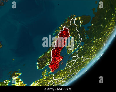 Sweden as seen from Earth’s orbit on planet Earth at night highlighted in red with visible borders and city lights. 3D illustration. Elements of this  Stock Photo