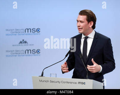 Munich, Germany. 17th Feb, 2018. Austrian Chancellor Sebastian Kurz addresses the 54th Munich Security Conference (MSC) in Munich, Germany, on Feb. 17, 2018. As state leaders, officials and experts are discussing the world's major political issues at the ongoing Munich Security Conference, it is of great importance to stress the role of multilateralism in addressing security issues. Credit: Luo Huanhuan/Xinhua/Alamy Live News Stock Photo