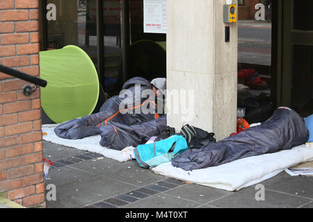 Manchester, UK. 17th Feb, 2018. Homelessness has increased due to housing costs. Homeless people in sleeping bags,  Manchester, 17th February, 2018 (C)Barbara Cook/Alamy Live News Stock Photo