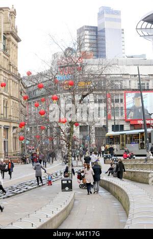 Manchester, UK. 17th Feb, 2018. A street in the city with lanterns decorating the trees for Chinese New Year, Manchester, 17th February, 2018 (C)Barbara Cook/Alamy Live News