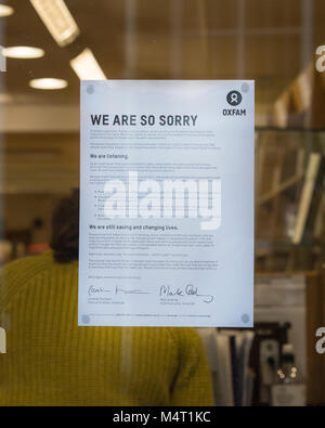 York, UK â€“ 17 February 2018.  A letter posted in the window of the Oxfam shop in York makes a public apology about the situation in Haiti and appeals for people to maintain their support to the charity so that can continue to help the worldâ€™s poorest people. Credit: James Copeland/Alamy Live News Stock Photo