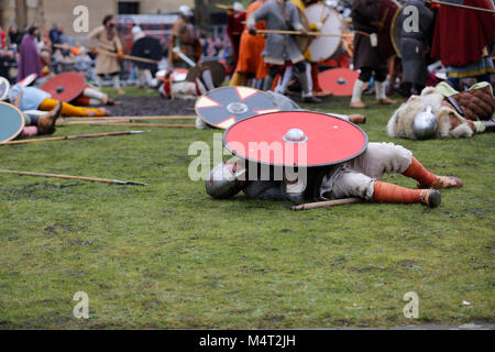 York, UK.  17 February 2018.  York Jorvik Viking Festival, York, North Yorkshire, UK. Skirmish between Vikings and Saxons during the annual Jorvik Viking Festival..  Credit: Alan Walmsley/Alamy Live News. Stock Photo