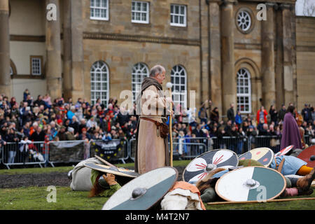 York, UK.  17 February 2018.  York Jorvik Viking Festival, York, North Yorkshire, UK. Skirmish between Vikings and Saxons during the annual Jorvik Viking Festival..  Credit: Alan Walmsley/Alamy Live News. Stock Photo