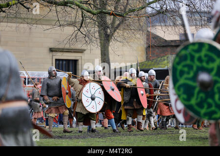 York, UK.  17 February 2018.  York Jorvik Viking Festival, York, North Yorkshire, UK. Skirmish between Vikings and Saxons during the annual Jorvik Viking Festival..  Credit: Alan Walmsley/Alamy Live News. Stock Photo