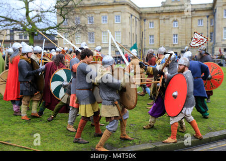 York, UK.  17 February 2018.  York Jorvik Viking Festival, York, North Yorkshire, UK. Skirmish between Vikings and Saxons during the annual Jorvik Viking Festival..  Credit: Alan Walmsley/Alamy Live News. Stock Photo