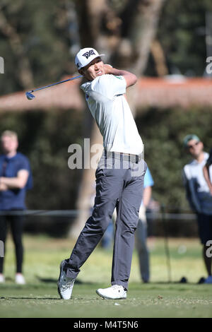 Los Angeles, CA, USA. 17th Feb, 2018. James Hahn plays his shot from the 14th tee during day 3 of the Genesis Open at the Riviera Country Club in Los Angeles, Ca on February 17, 2018. Jevone Moore Credit: csm/Alamy Live News Stock Photo