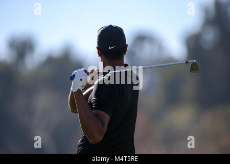 Los Angeles, CA, USA. 17th Feb, 2018. Tony Finau teeing off on 16th tee box during day 3 of the Genesis Open at the Riviera Country Club in Los Angeles, Ca on February 17, 2018. Jevone Moore Credit: csm/Alamy Live News Stock Photo