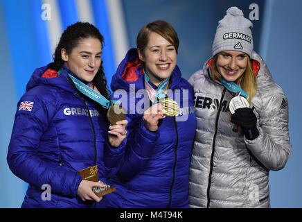 Womens skeleton. (l to r) Laura Deas (GBR, bronze), Lizzy Yarnold (GBR, gold) and Jacqueline Loelling (GER, silver). Medal ceremonies. Pyeongchang Olympic Plaza. Pyeongchang2018 winter Olympics. Alpensia. Republic of Korea. 18/02/2018. Credit: Sport In Pictures/Alamy Live News Stock Photo