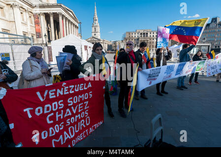 February 17, 2018 - London, UK. 17th February 2018. An emergency rally in Trafalgar Square calls of an end to EU and US economic and diplomatic sanctions against Venezuela in support of the interests of international corporations which make it difficult for the country to recover after the collapse of oil prices in 2015. The latest attack on the country is the US rejection of the 22nd April 2018 election, an attack on Venezuelan sovereignty and the country's right to determine its own destiny. Venezuelans fear that the USA intends to lead an invasion like that of Iraq. The protesters insist t Stock Photo