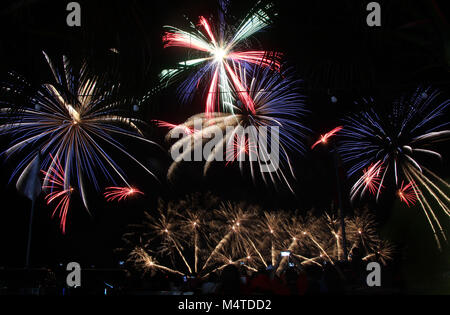 Philippines. 17th Feb, 2018. Philippines showed they're entry for the first week of the battle for sky supremacy at 9th Philippines International Pyromusical Competition (PIPC) every Saturday from February 17, to March 24, 2018 in Mall Of Asia (Sea Side Ground), Pasay City on February 17, 2018. This year 10 participants from diffrents countries will be lights up Manila night sky as they go ahead to showcase their expertise and artistry to the Filipino audience. Credit: Gregorio B. Dantes Jr./Pacific Press/Alamy Live News Stock Photo