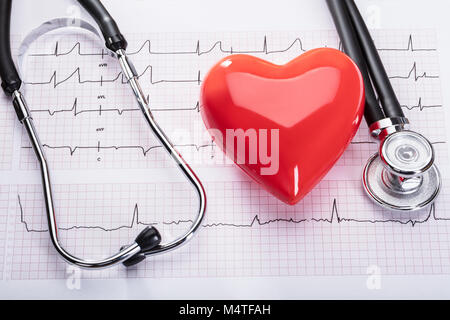 Elevated View Of Cardiogram With Red Heart And Stethoscope Stock Photo