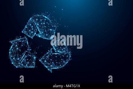 Abstract Recycle sign form lines and triangles, point connecting network on blue background. Illustration vector Stock Vector