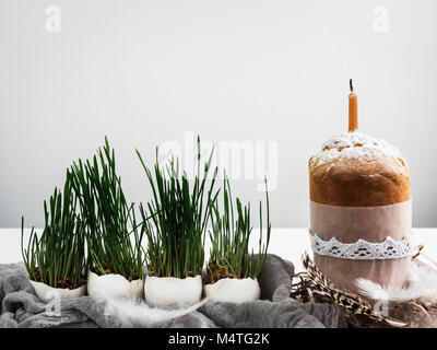 Fragrant cupcake on a background of fresh, green grass in pots. Preparing for Easter Stock Photo