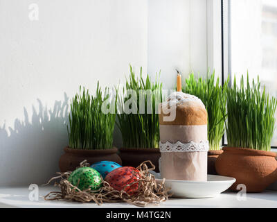 Fragrant cupcake on a background of fresh, green grass in pots. Preparing for Easter Stock Photo