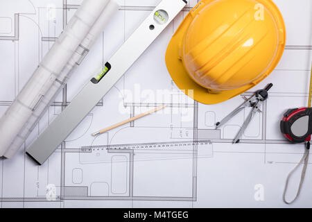 High Angle View Of A Construction Plan Stock Photo