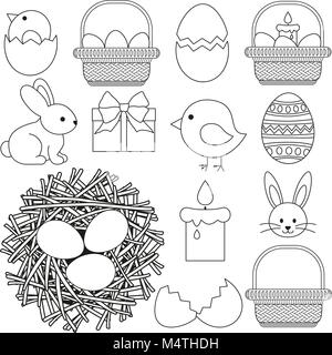 Line art black and white easter icon set 13 elements. Stock Vector
