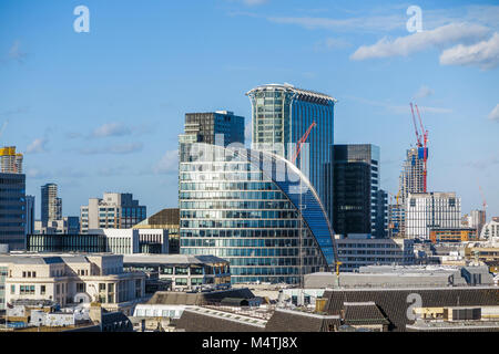 Rooftop view of Moor House, London Wall, London EC2, CityPoint in Ropemaker Place behind Stock Photo