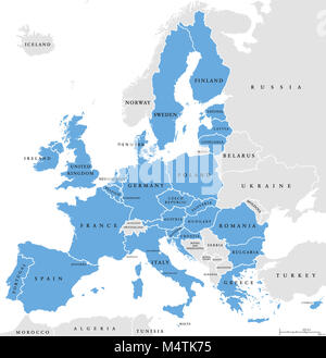 European Union countries. English labeling. Political map with borders and country names. 28 EU members, colored in light blue. Stock Photo