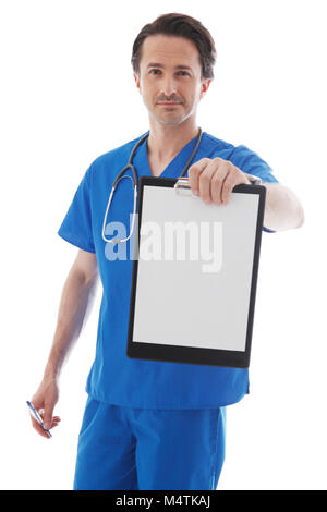 Portrait of young doctor in blue uniform isolated on white background Stock Photo