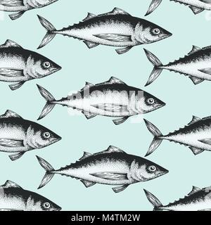 Hand drawn sketch seafood background. Vector seamless pattern with fish. Vintage tuna illustration. Can be use for menu or packaging design. Engraved style. Retro salmon illustration. Stock Vector