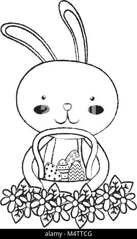 grunge rabbit animal with eggs easter inside hamper and flowers design Stock Vector