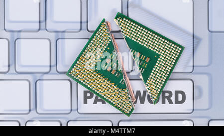 Broken modern processor with critical security error. Destroyed CPU on computer keyboard detail. Cyber vulnerability, meltdown and spectre attacks. Stock Photo