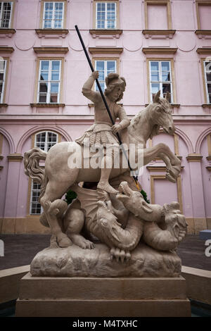 Slovakia, Bratislava, Old Town, Primatial Palace, Fountain Of Saint George And The Dragon, 17th century monument in inner courtyard Stock Photo