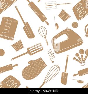 Seamless pattern of baking tools in brown silhouette random on white background. Cute vector illustration of cooking stuff in hand drawn style for bac Stock Vector