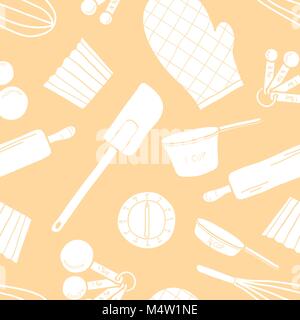 Seamless pattern of baking tools in white silhouette random on pastel pink background. Cute vector illustration of cooking stuff in hand drawn style f Stock Vector